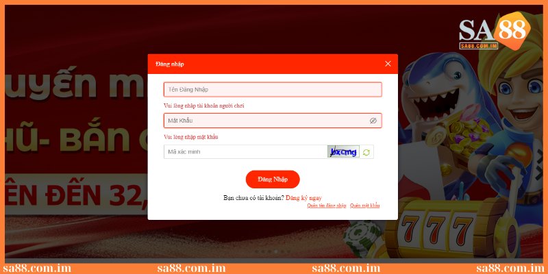 Điền chuẩn xác tất cả nội dung trên form đăng nhập tại SA88